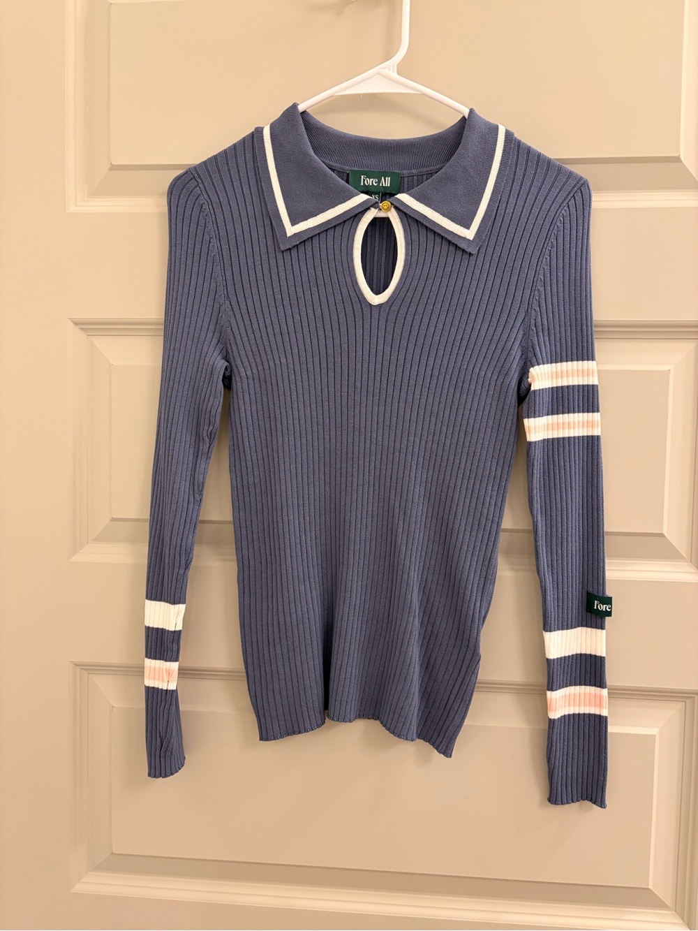 Fore All Blue Ribbed Long-Sleeve Polo Top with White Trim